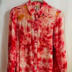 Fig And Flowers Top Women Size Small Pink Tie Dye Button Up Roll Tab Sleeves